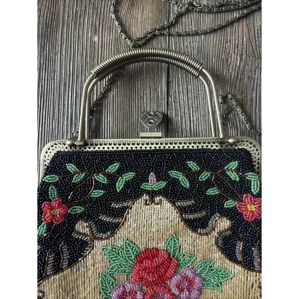 Vintage Hand Beaded Purse Black Colorful Roses Bag 1950 1960 flapper party - Picture 8 of 16
